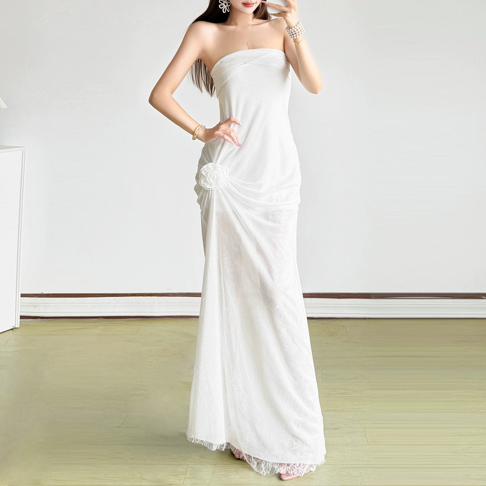 H&M Summer Strapless Off Shoulder Lace Spliced Mermaid Floor Length Dress